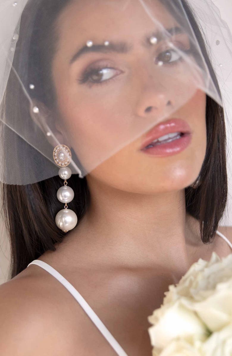 Ettika Triple Imitation Pearl Drop Earrings, Alternate, color, Gold