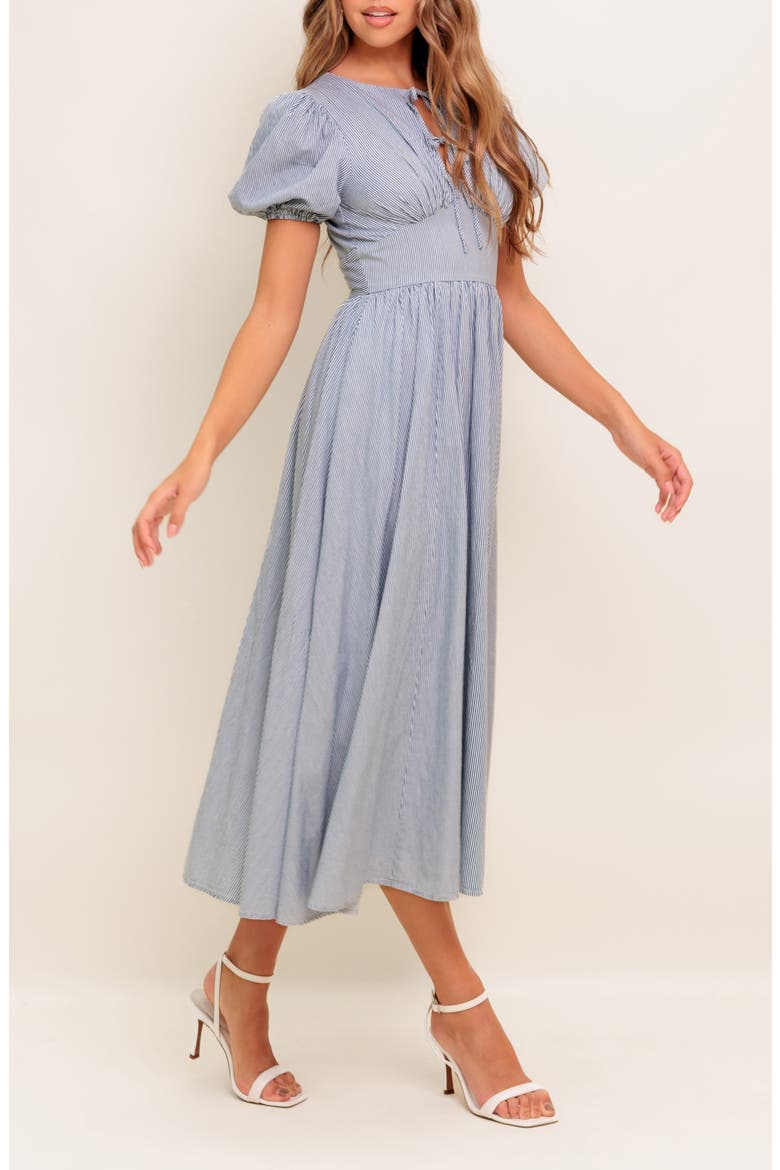 Split Neck Puff Sleeve Midi Dress, Alternate, color, IVORY BLUE