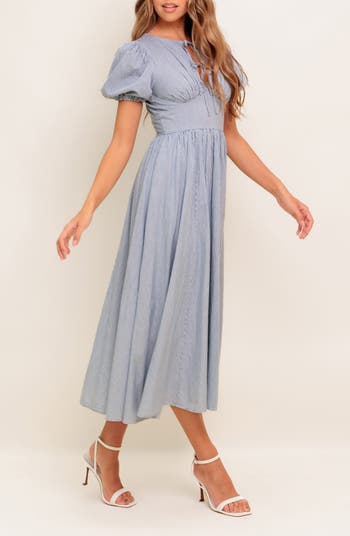 Split Neck Puff Sleeve Midi Dress