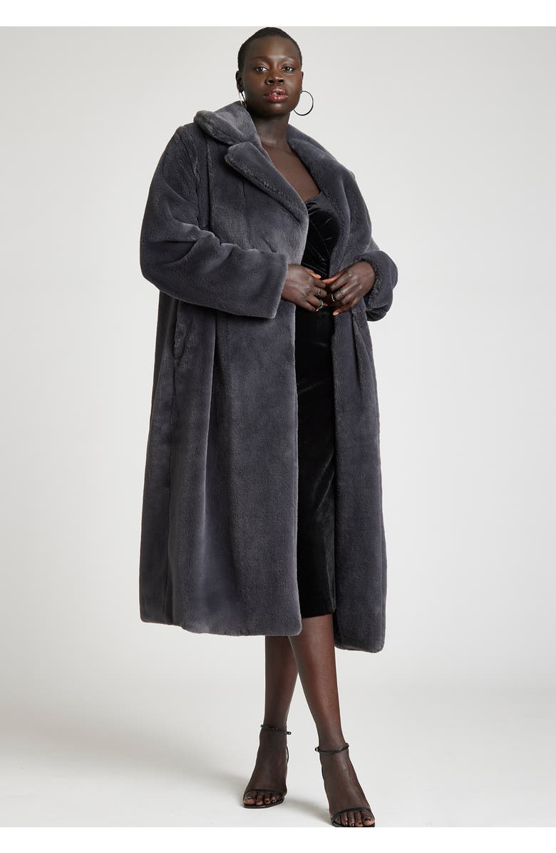 ELOQUII Faux Fur Long Coat, Alternate, color, Gunmetal