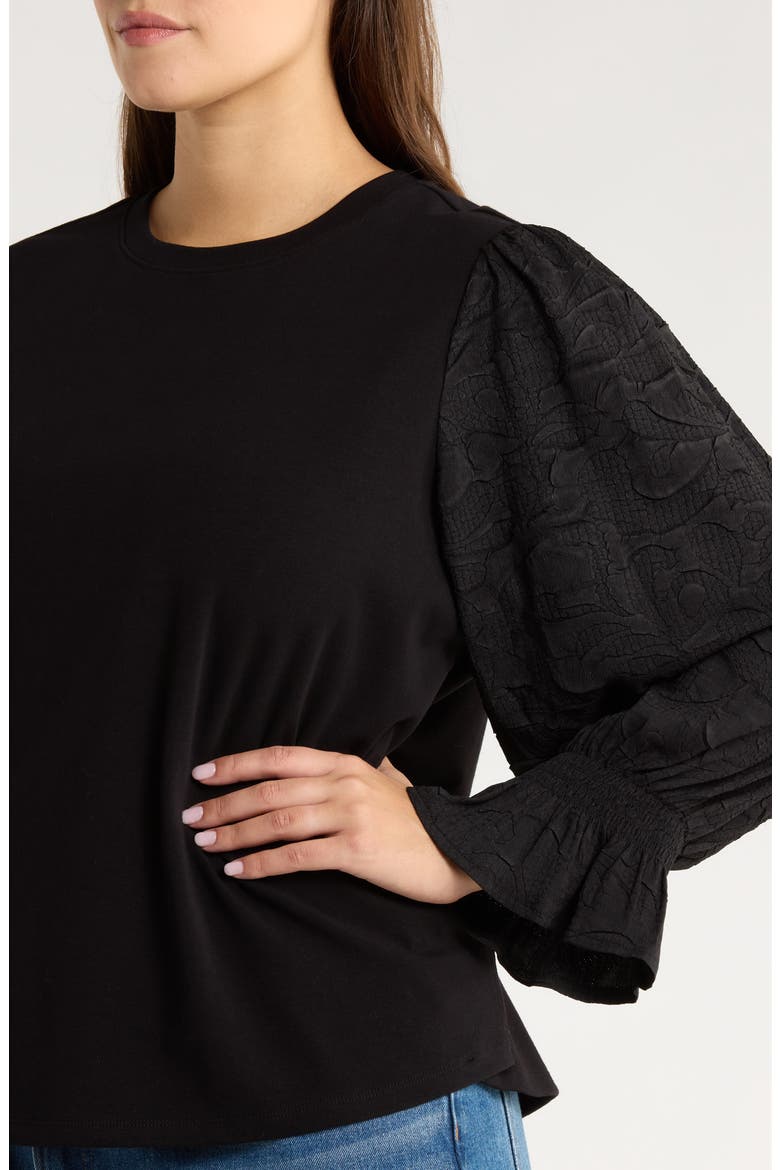 Mixed Media Smocked Sleeve Top(Plus), Alternate, color, BLACK
