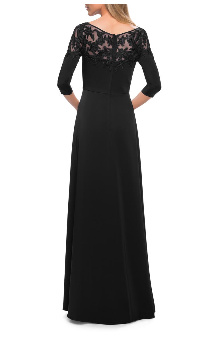 La Femme Jersey Mother of the Bride Gown with Lace Neckline, Alternate, color, Black