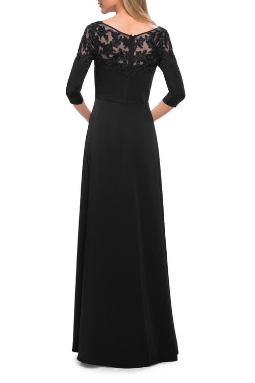 La Femme Jersey Mother Of The Bride Gown With Lace Neckline In Black