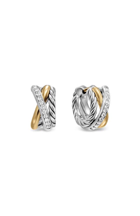 Crossover Three-Row Huggie Hoop Earrings in Sterling Silver with 18K Yellow Gold, 13mm