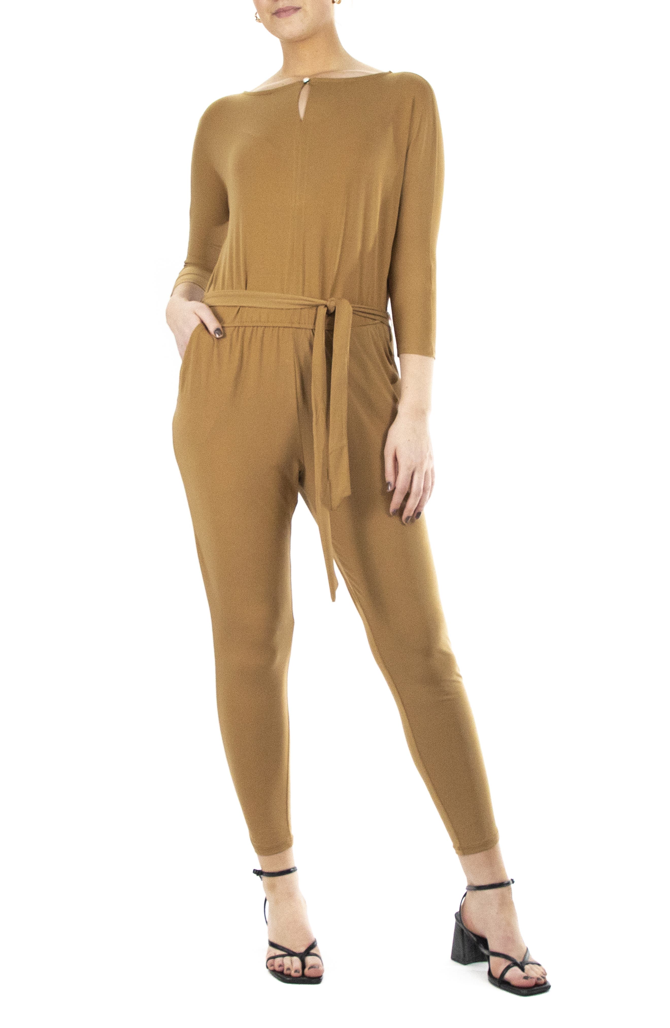 Nina Leonard Three-Quarter Length Sleeve Waist Tie Jumpsuit