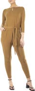 Nina Leonard Three-Quarter Length Sleeve Waist Tie Jumpsuit