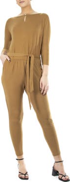 Nina Leonard Three-Quarter Length Sleeve Waist Tie Jumpsuit