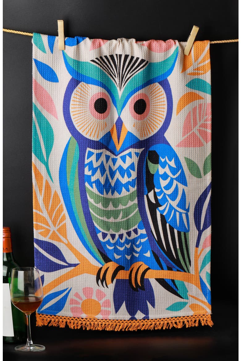 Whimsical Owl Set of 3 Kitchen Towels, Alternate, color, BRIGHT BLUE/ ORANGE/