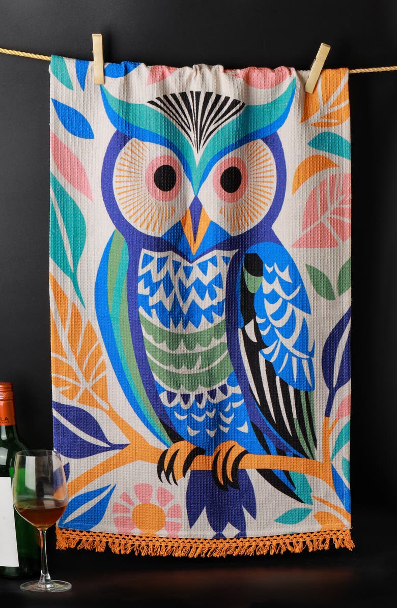 Tiramisu Whimsical Owl Set of 3 Kitchen Towels, Alternate, color, Bright Blue/ Orange/