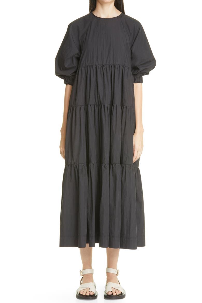 Tiered Bubble Sleeve Midi Dress, Main, color, 001 BLACK