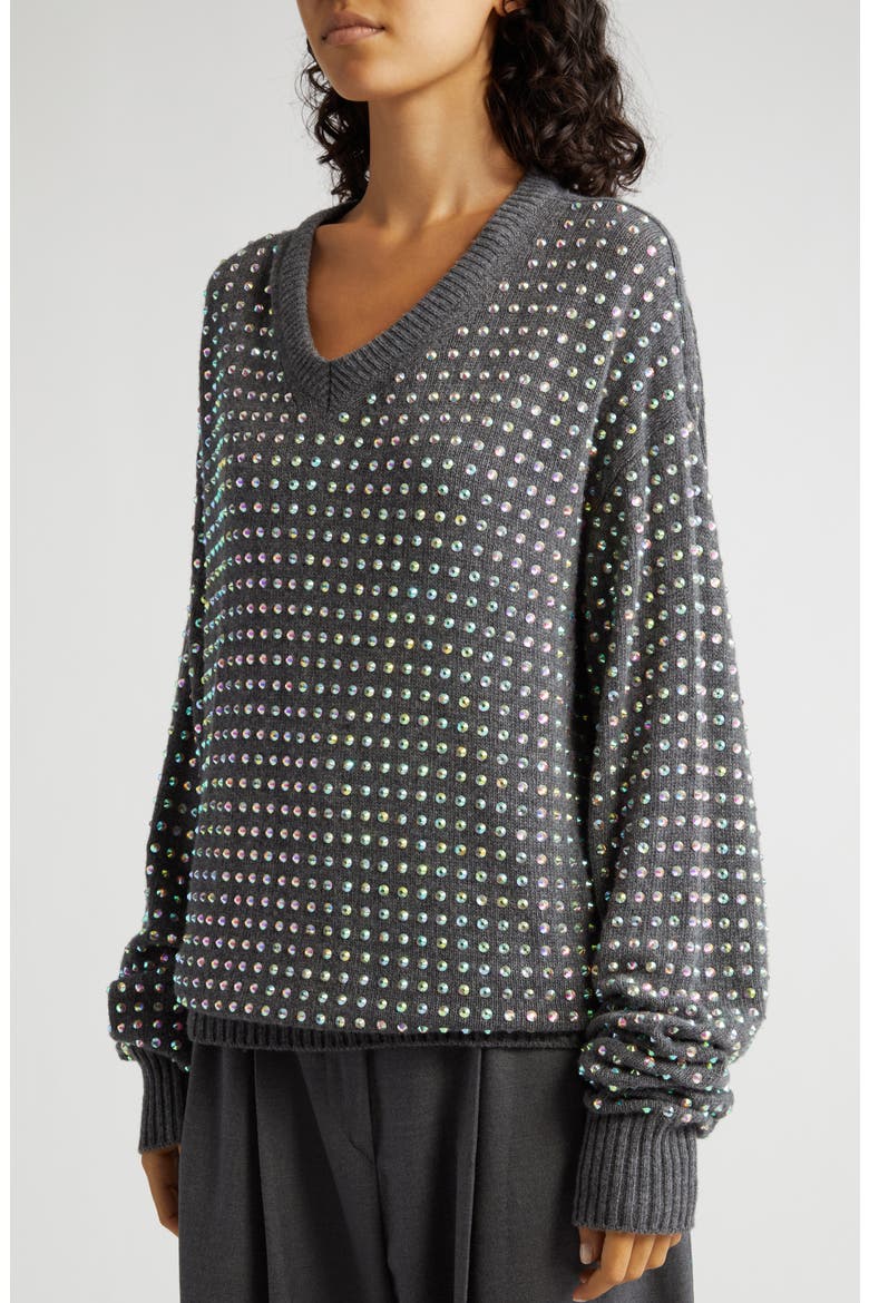 Crystal Embellished V-Neck Sweater, Alternate, color, MEDIUM GREY