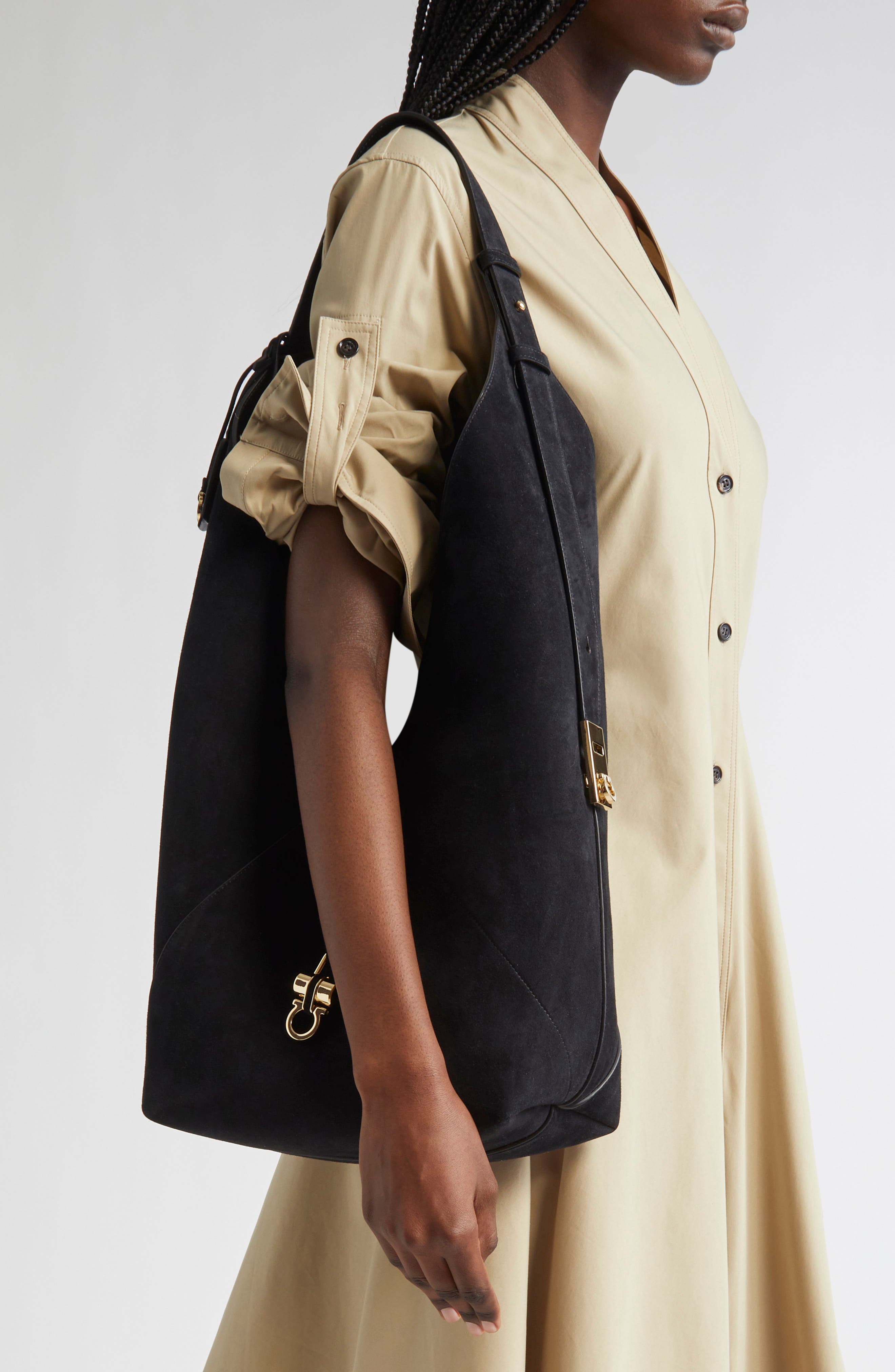 FERRAGAMO Origami Suede Hobo Bag, Alternate, color, Nero