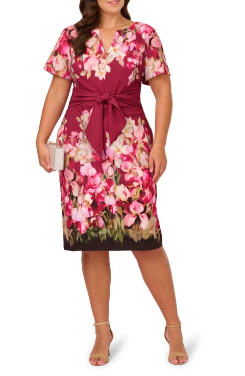 Adrianna Papell Floral Print Tie Front Stretch Twill Sheath Dress In Red