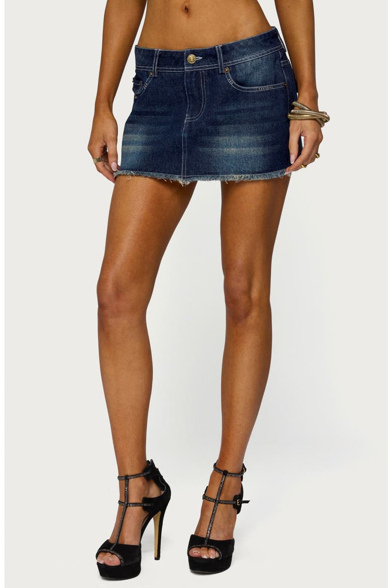 Dreya Embroidered Low Rise Denim Miniskirt, Main, color, MEDIUM-BLUE-WASHED