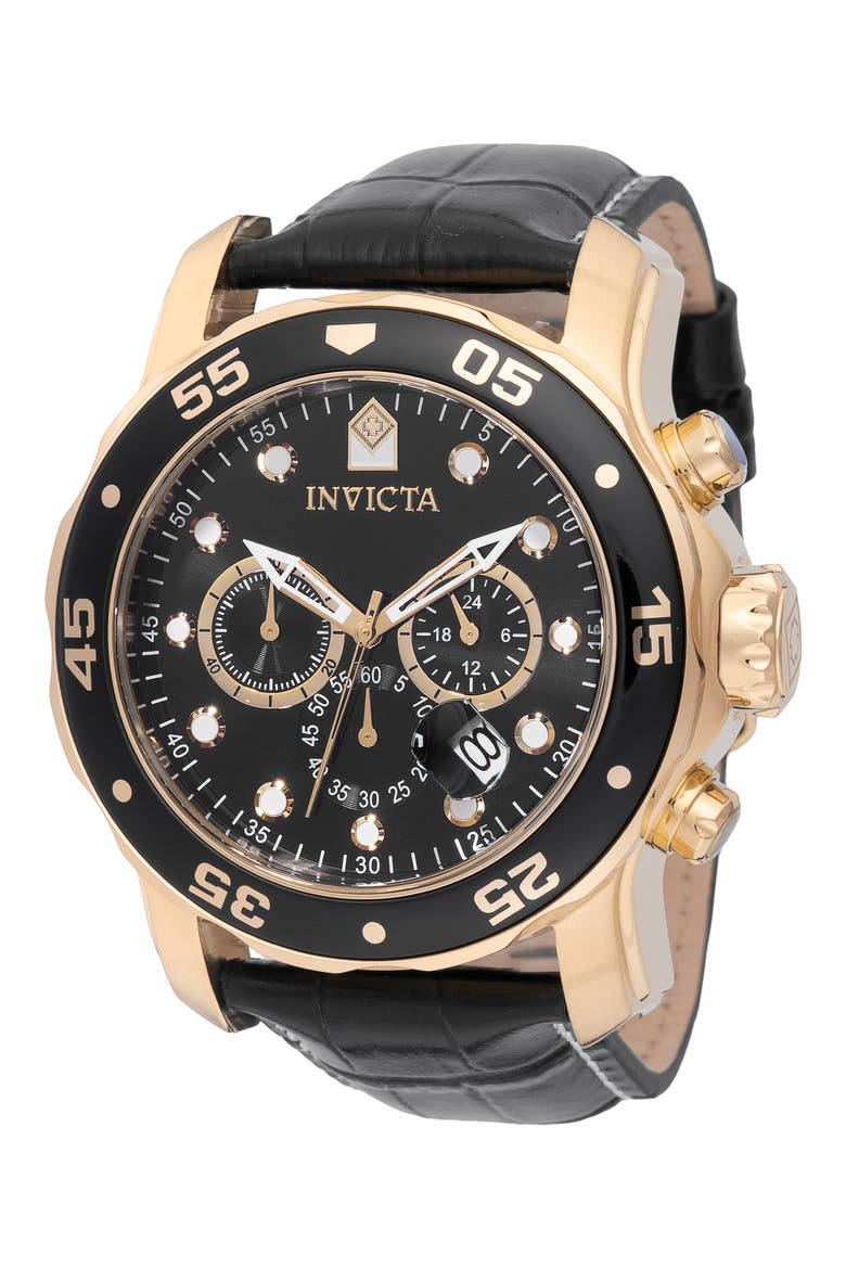 Pro Diver Chronograph Leather Strap Watch, 48mm, Main, color, BLACK/GOLD