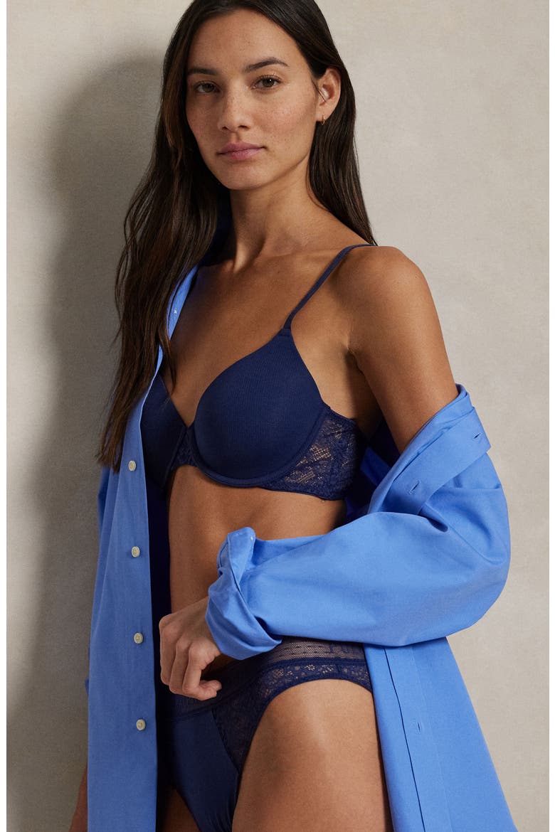Lace & Stretch Cotton Rib Bikini, Alternate, color, NAVY