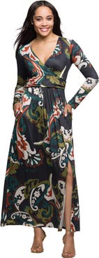 24seven Comfort Apparel Paisley Print Long Sleeve Wrap Maxi Dress