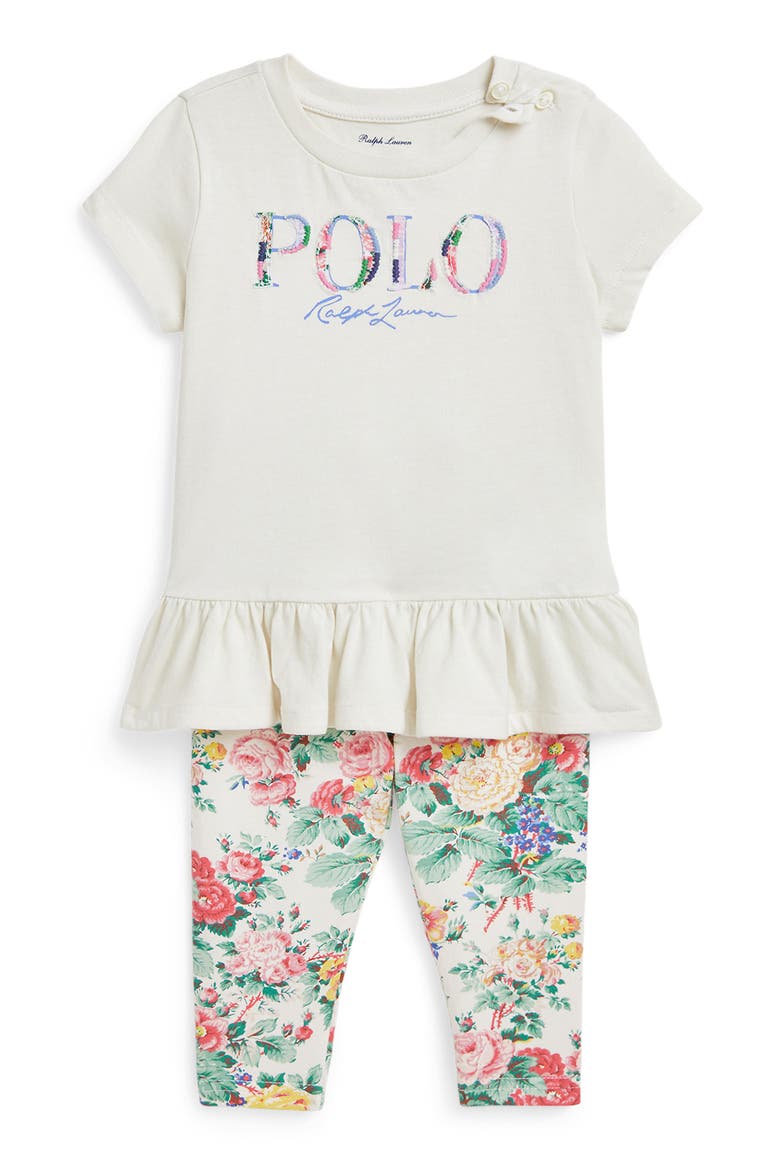 Logo Appliqué Cotton Peplum Graphic T-Shirt & Floral Leggings Set, Main, color, NEVIS/PORTIA FLORAL W/ PINK PP