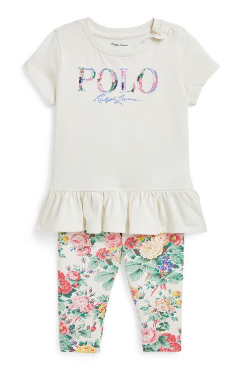 Logo Appliqué Cotton Peplum Graphic T-Shirt & Floral Leggings Set