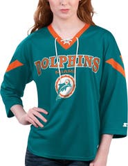 STARTER Women's Starter Aqua Miami Dolphins Rally Lace-Up 3/4 Sleeve T-Shirt