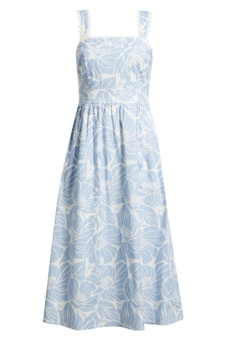 Palm Print Stretch Cotton Midi Dress, Alternate, color, LIGHT BLUE