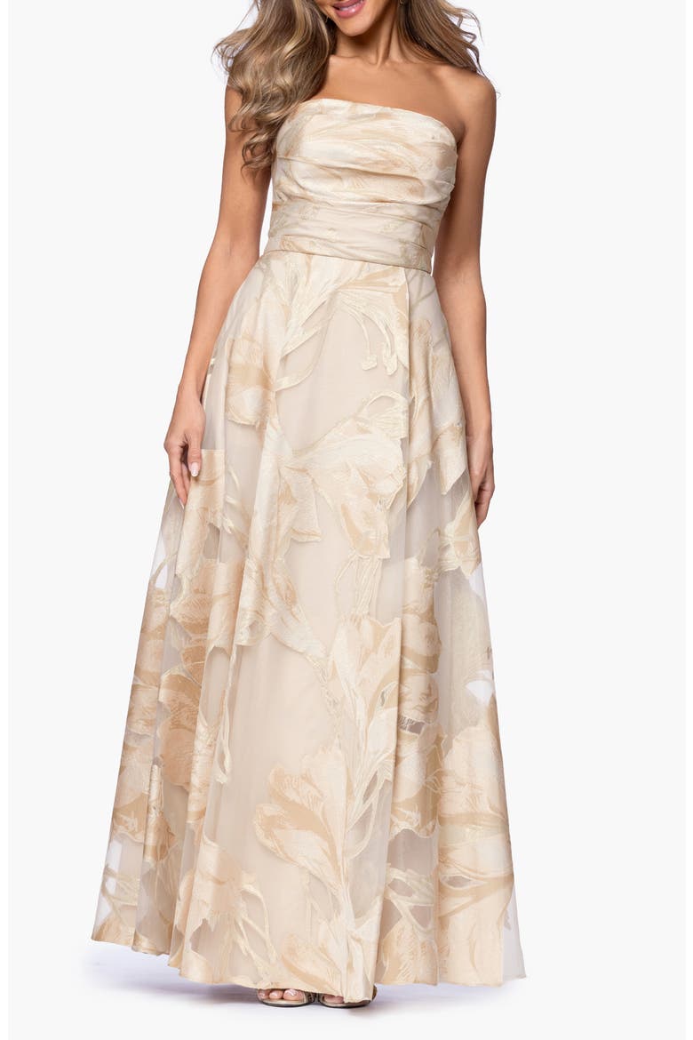 Floral Jacquard Strapless Gown, Main, color, BLUSH/ GOLD