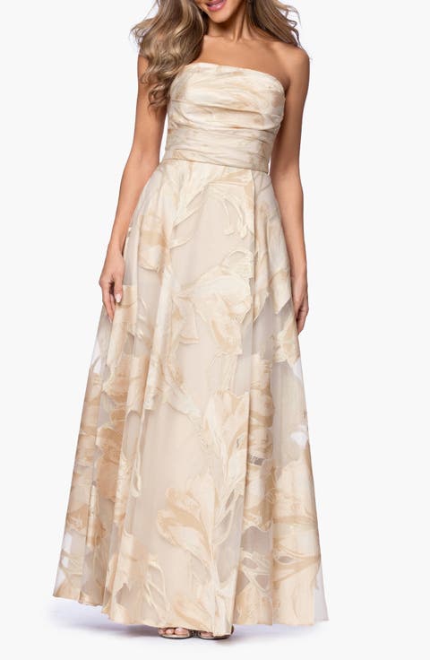 Floral Jacquard Strapless Gown