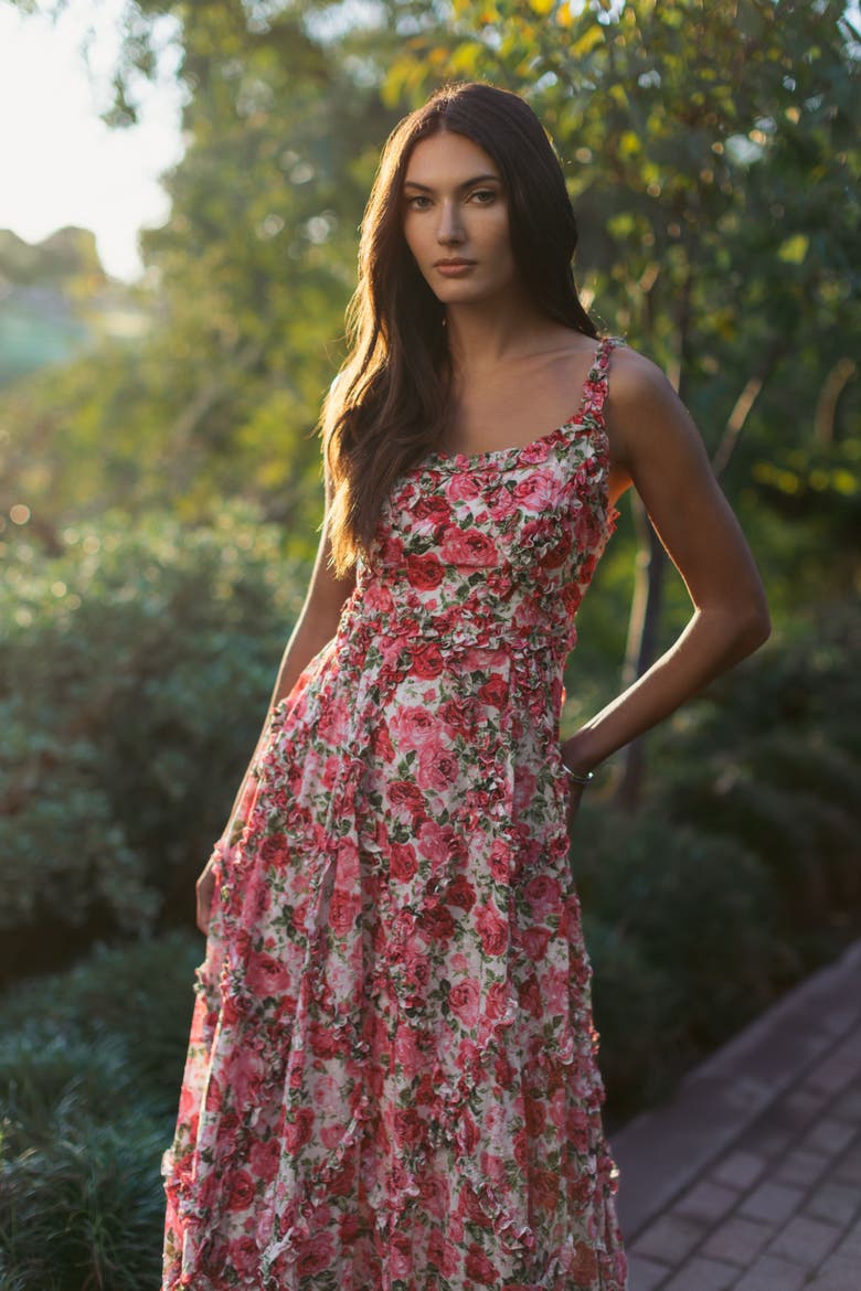 Ruffle Scoop Neck Floral A-Line Dress, Alternate, color, Pink Multi