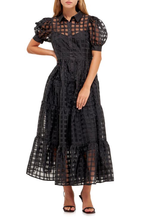 Grid Pattern Tiered Midi Shirtdress