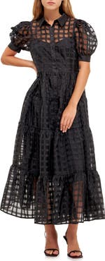 English Factory Grid Pattern Tiered Midi Shirtdress