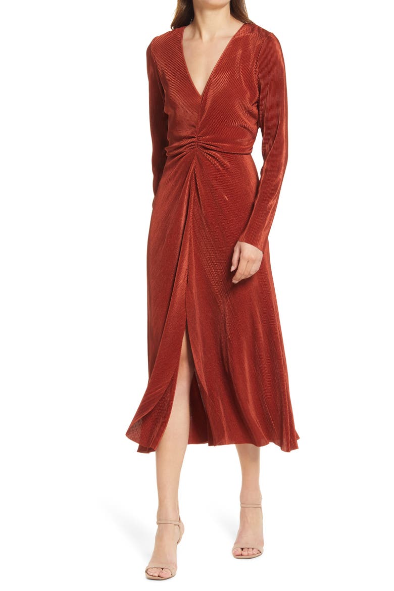 Gathered Long Sleeve A-Line Dress, Main, color, BRICK