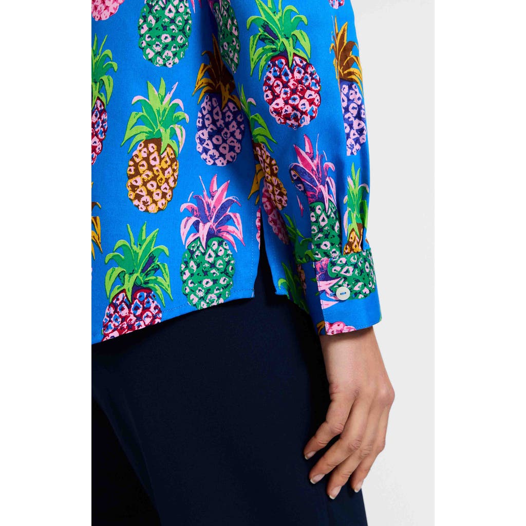 Foxcroft Zoey Pineapple Print Cotton Button-up Shirt In Blue Multi