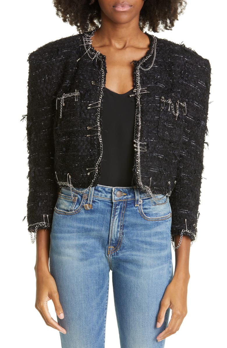 R13 Chain Embellished Square Shoulder Tweed Crop Jacket, Main, color,