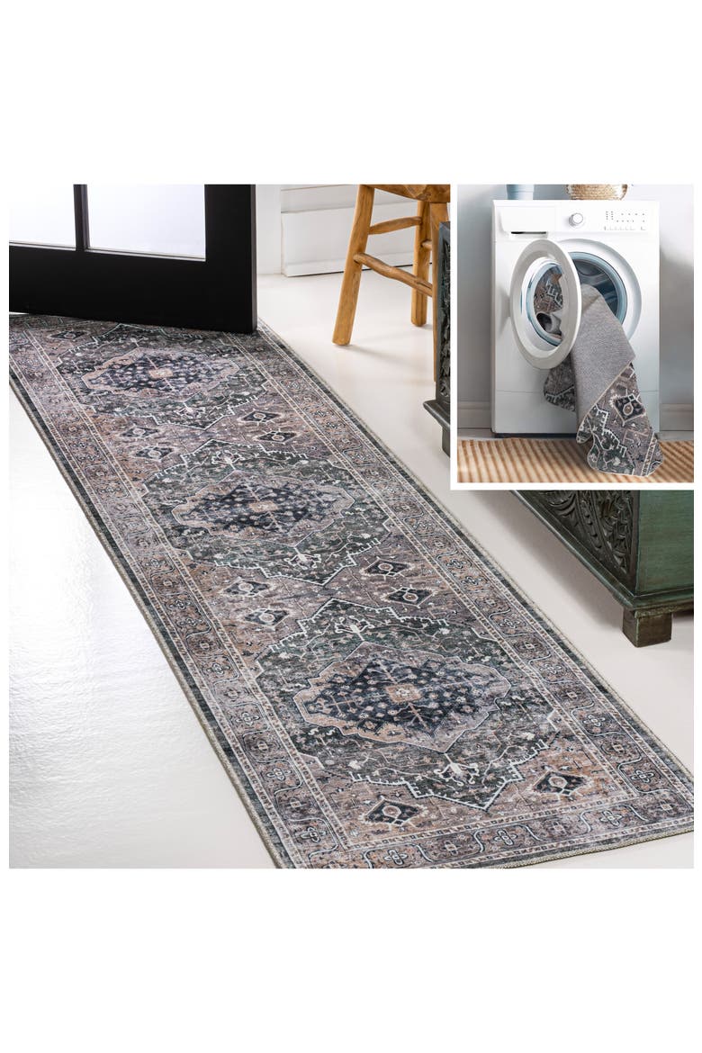 Alacati Ogee Medallion Machine-Washable Area Rug, Alternate, color, Dark Green/Dark Beige