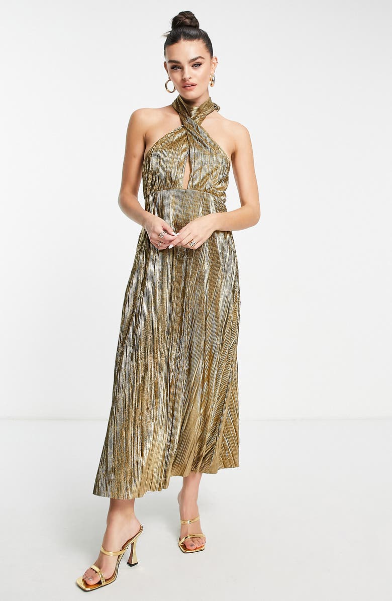 Topshop Metallic Halter Neck Plissé Midi Dress, Main, color, 