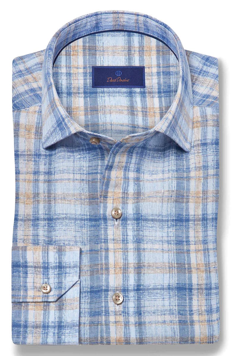 David Donahue Linen Check Sport Shirt, Alternate, color, Blue/ Dune