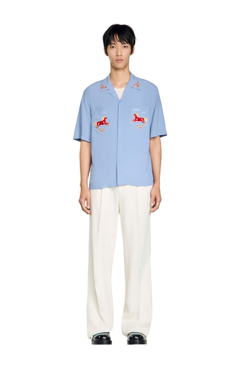 SANDRO Embroidered horse loose-fit shirt, Alternate, color, Blue