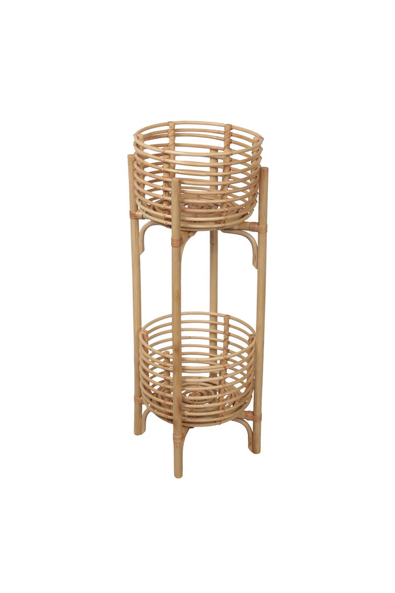Zachariah 33.5" Bohemian Minimalist Handmade 2-Tier Rattan Indoor Planter Stand, Main, color, Natural