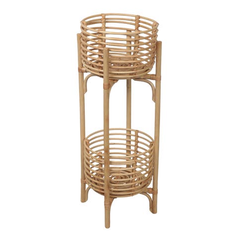 Zachariah 33.5" Bohemian Minimalist Handmade 2-Tier Rattan Indoor Planter Stand