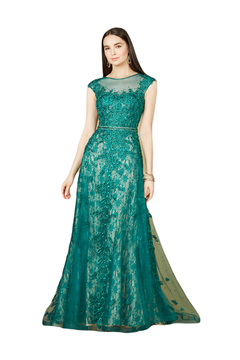 Inspired Lace Gown with Cap Sleeves, Main, color, Green