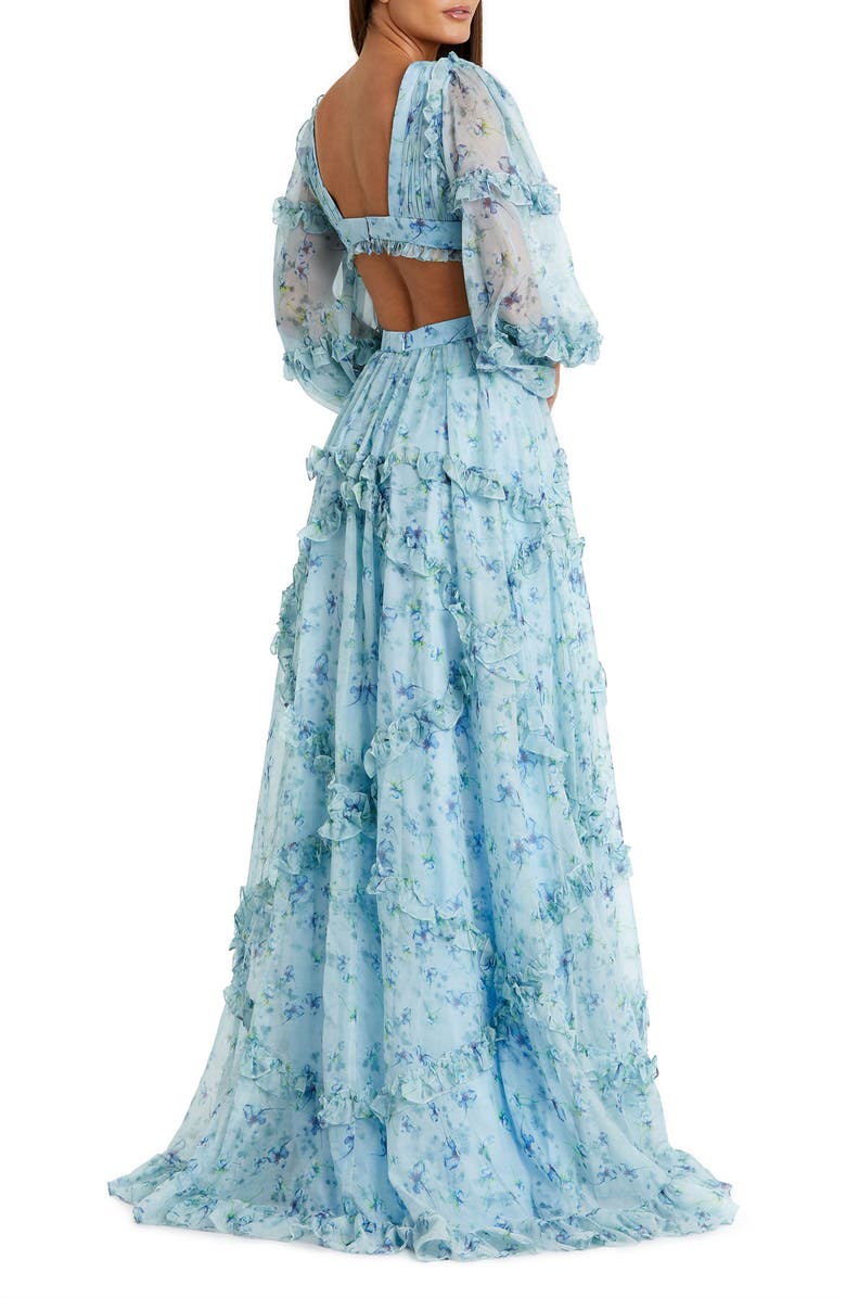 Mac Duggal Floral Chiffon Ruffle Gown with Plunging Neckline & Cutout Back, Alternate, color, Powder Blue