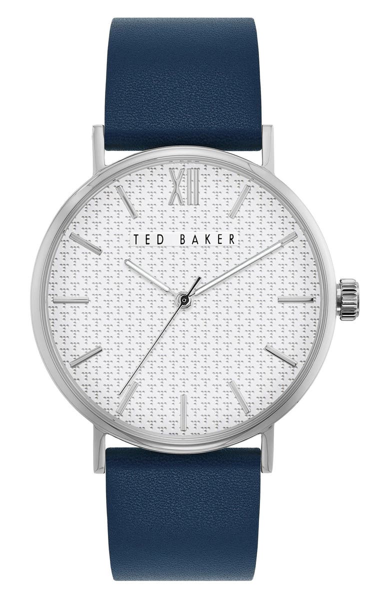 Ted Baker T Engraved Leather Strap Watch, 43mm, Main, color, 