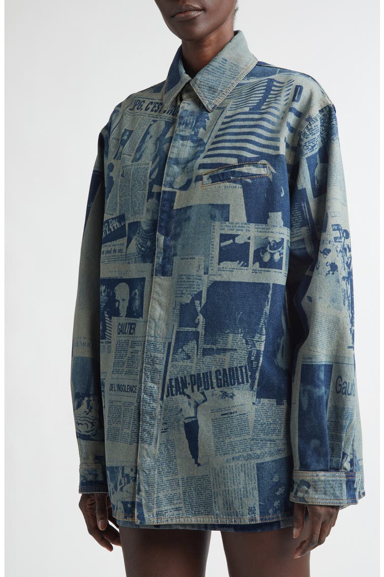 Newspaper Print Denim Button-Up Shirt, Alternate, color, INDIGO/ BEIGE