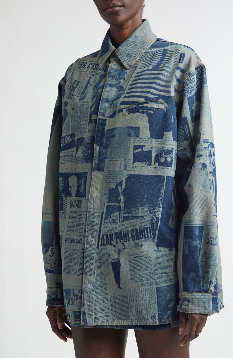Jean Paul Gaultier Newspaper Print Denim Button-Up Shirt, Alternate, color, Indigo/ Beige