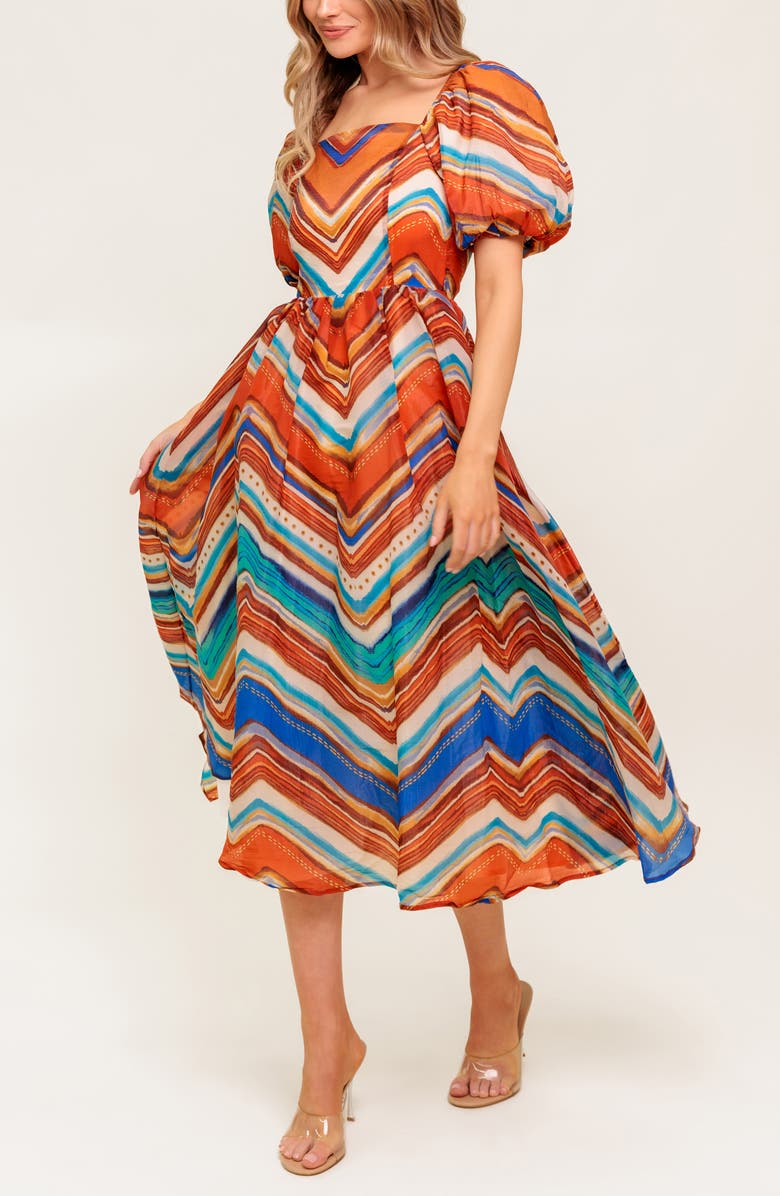 FLYING TOMATO Print Puff Sleeve Midi Dress, Alternate, color, Rust Blue