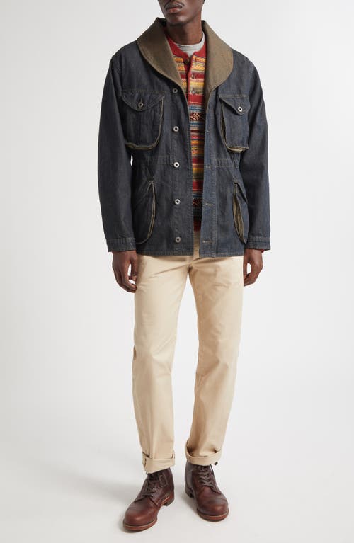 Double Rl Shawl Collar Cotton & Linen Blend Denim Jacket In Blue