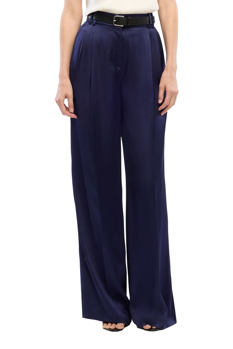 Satin Pleated Trouser, Alternate, color, INDIGO