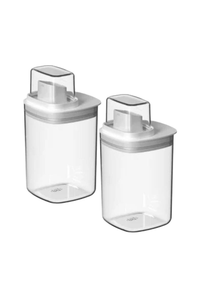 Versatile Clear Airtight Laundry Detergent Dispenser Organizer with Measuring Cap 2 Pack 34 oz, Main, color, White