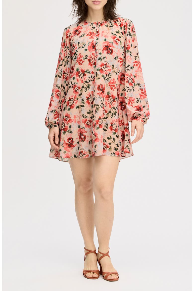 Floral Long Sleeve Shift Minidress, Main, color, ALMOND WATERCOLOR FLORAL