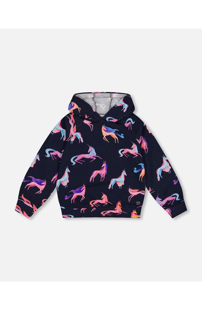 Deux par Deux Girl's Hooded Sweatshirt Navy Printed Unicorn, Main, color, 